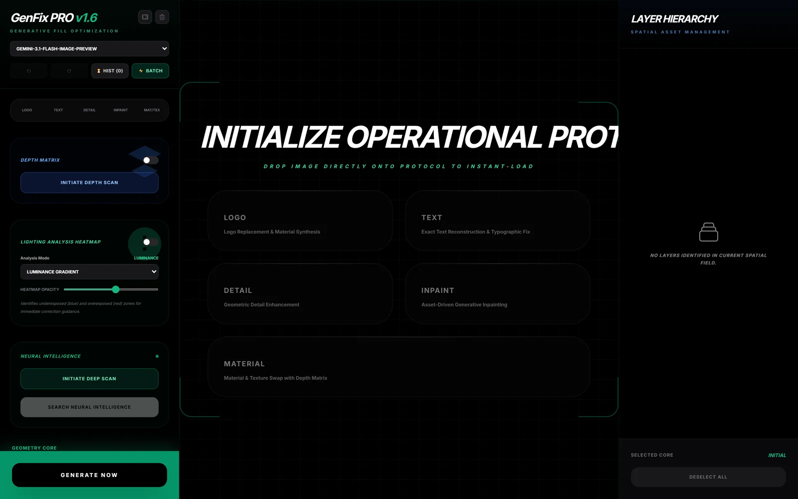 A dark green-accented workspace headed GenFix PRO v1.6 with a model picker, History and Batch buttons, Depth Matrix, Lighting Analysis Heatmap and Neural Intelligence panels, five mode cards for Logo, Text, Detail, Inpaint and Material, and an empty Layer Hierarchy panel.